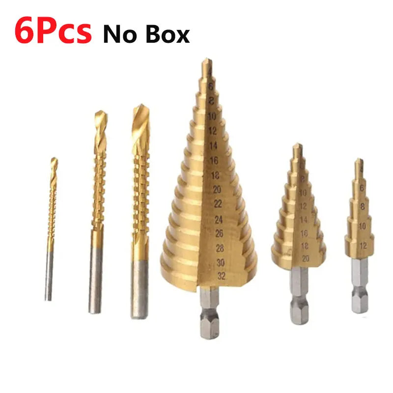 6Pcs Step Drill Bit Saw Drill Bit Set Titanium Milling Cutter 4-12 4-20 4-32mm 3 6 8mm For Woodworking Metal Core Hole Opener