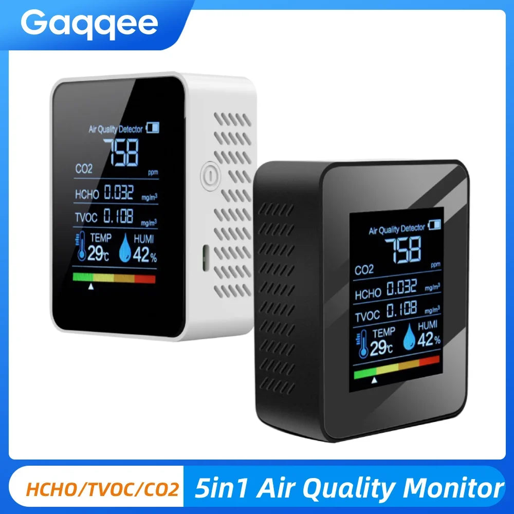 5-in-1 Air Quality Monitor Carbon Dioxide Detector Formaldehyde Detection HCHO/TVOC/Temperature/Humidity /CO2 Sensor Meter