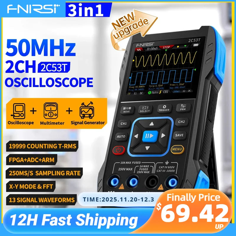 FNIRSI 2C53T Upgrade 3in1 Oscilloscope Multimeter Signal Generator 50MHz Bandwidth 250MS Rate Dual Channel 20000 Counts