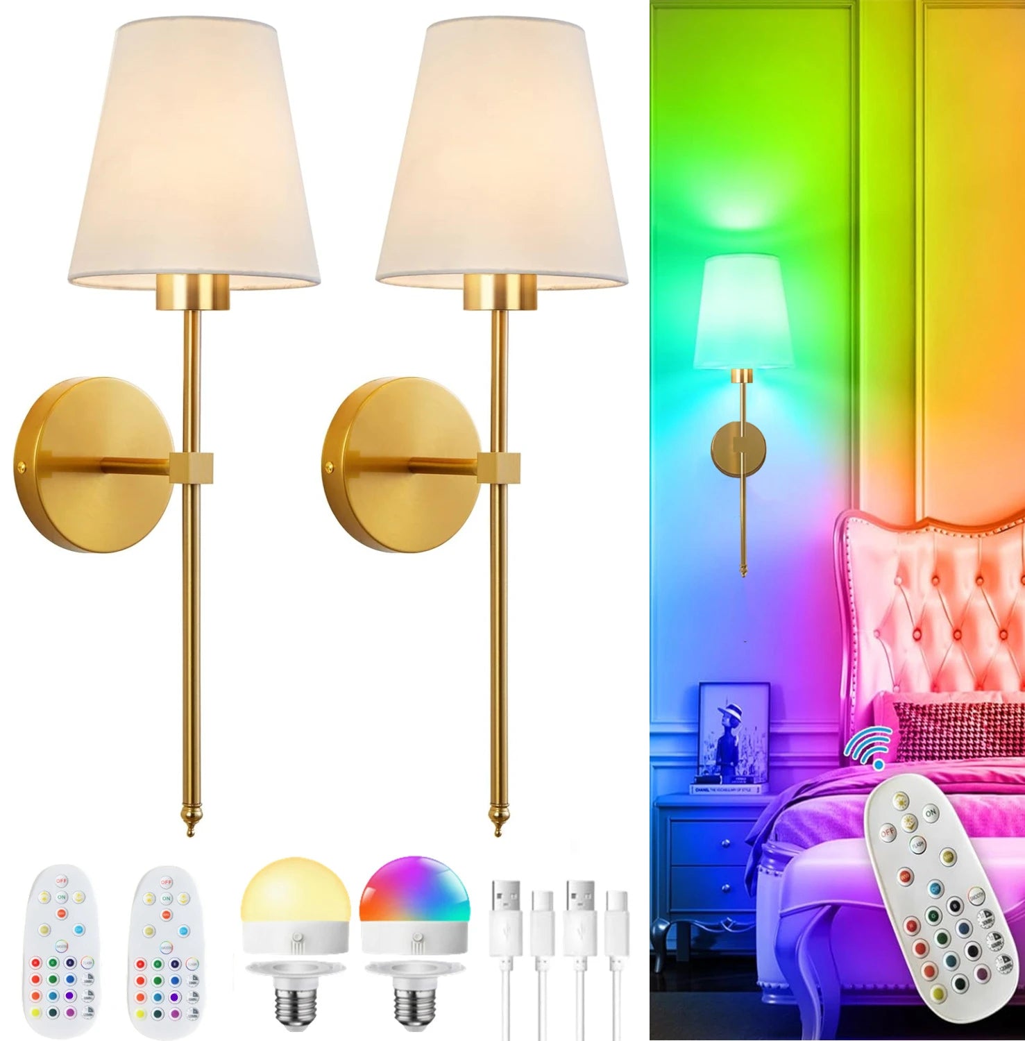 Wiring-Free Rechargeable Battery-Powered Wall Lamp, Wireless Wall Lamp, Adjustable Light Bulb and Remote Control, Rechargeable 15-Color Wall Lamp for Bedroom and Living Room Corridor Decoration