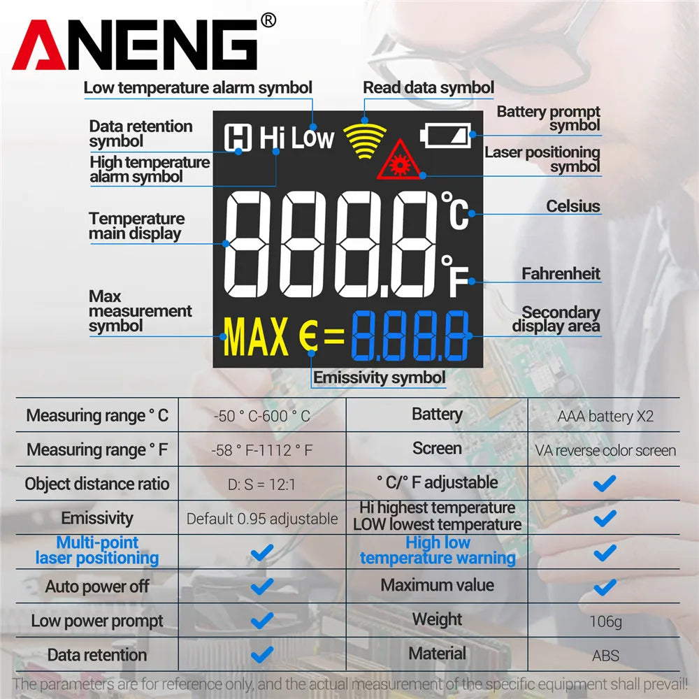 ANENG TH203 Digital Infrared Thermometer -50~600℃ Temperature Meter Non-contact Pyrometer Tester IR Hygrometer Industrial Tool