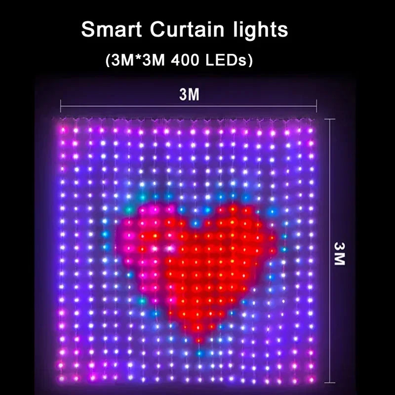 400LEDs Smart Curtain Lights String RGB Fairy Lights Bluetooth App DIY Music Change Display for Bedroom Window Decoration