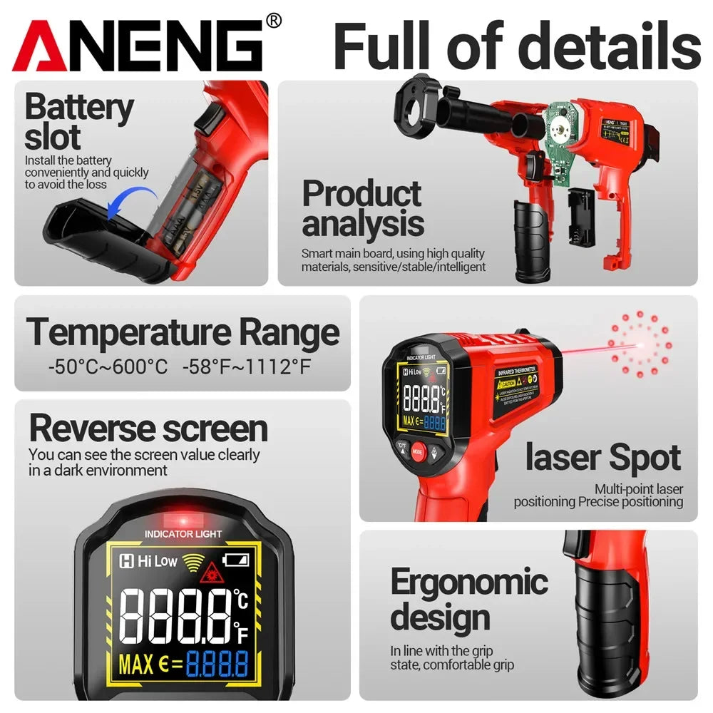 ANENG TH203 Digital Infrared Thermometer -50~600℃ Temperature Meter Non-contact Pyrometer Tester IR Hygrometer Industrial Tool