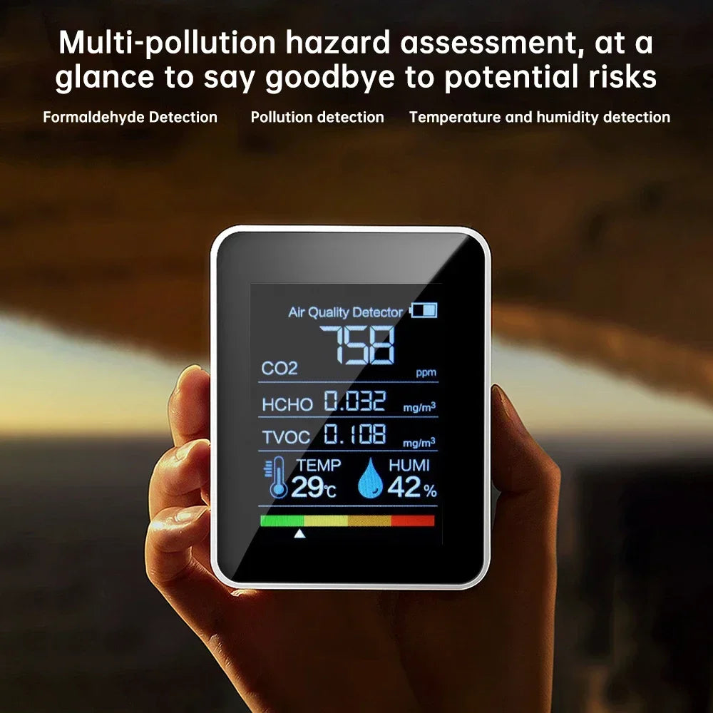 5-in-1 Air Quality Monitor Carbon Dioxide Detector Formaldehyde Detection HCHO/TVOC/Temperature/Humidity /CO2 Sensor Meter