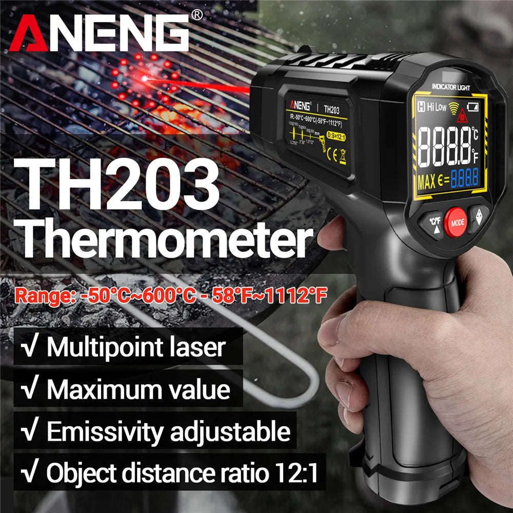 ANENG TH203 Digital Infrared Thermometer -50~600℃ Temperature Meter Non-contact Pyrometer Tester IR Hygrometer Industrial Tool