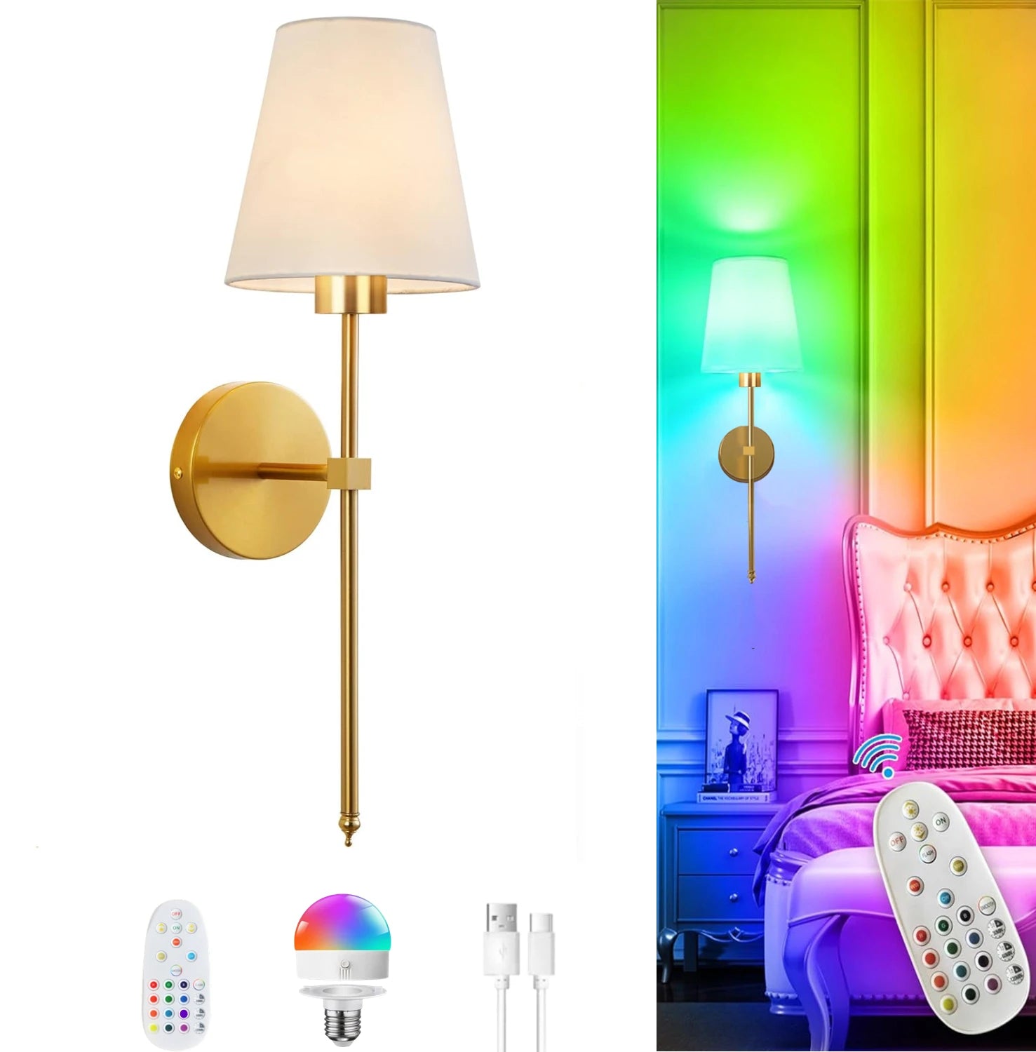 Wiring-Free Rechargeable Battery-Powered Wall Lamp, Wireless Wall Lamp, Adjustable Light Bulb and Remote Control, Rechargeable 15-Color Wall Lamp for Bedroom and Living Room Corridor Decoration