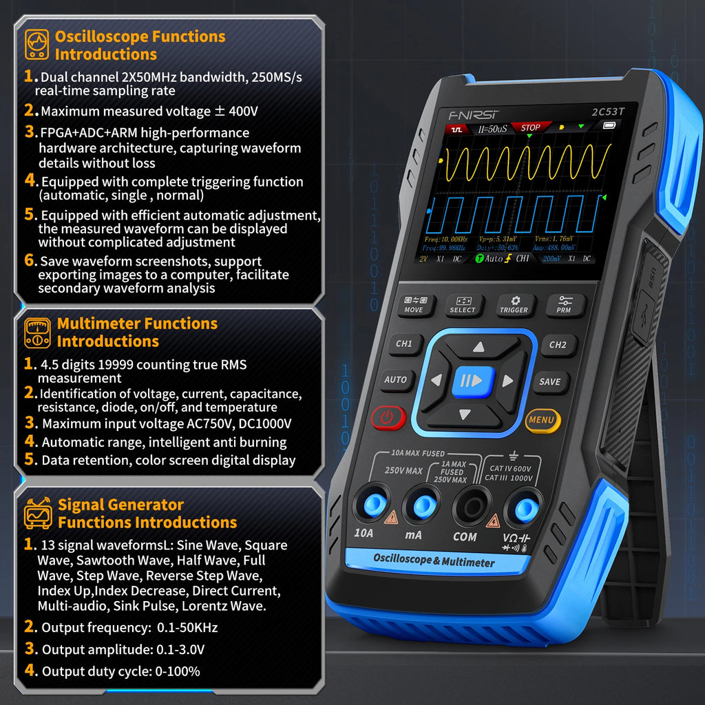 FNIRSI 2C53T Upgrade 3in1 Oscilloscope Multimeter Signal Generator 50MHz Bandwidth 250MS Rate Dual Channel 20000 Counts