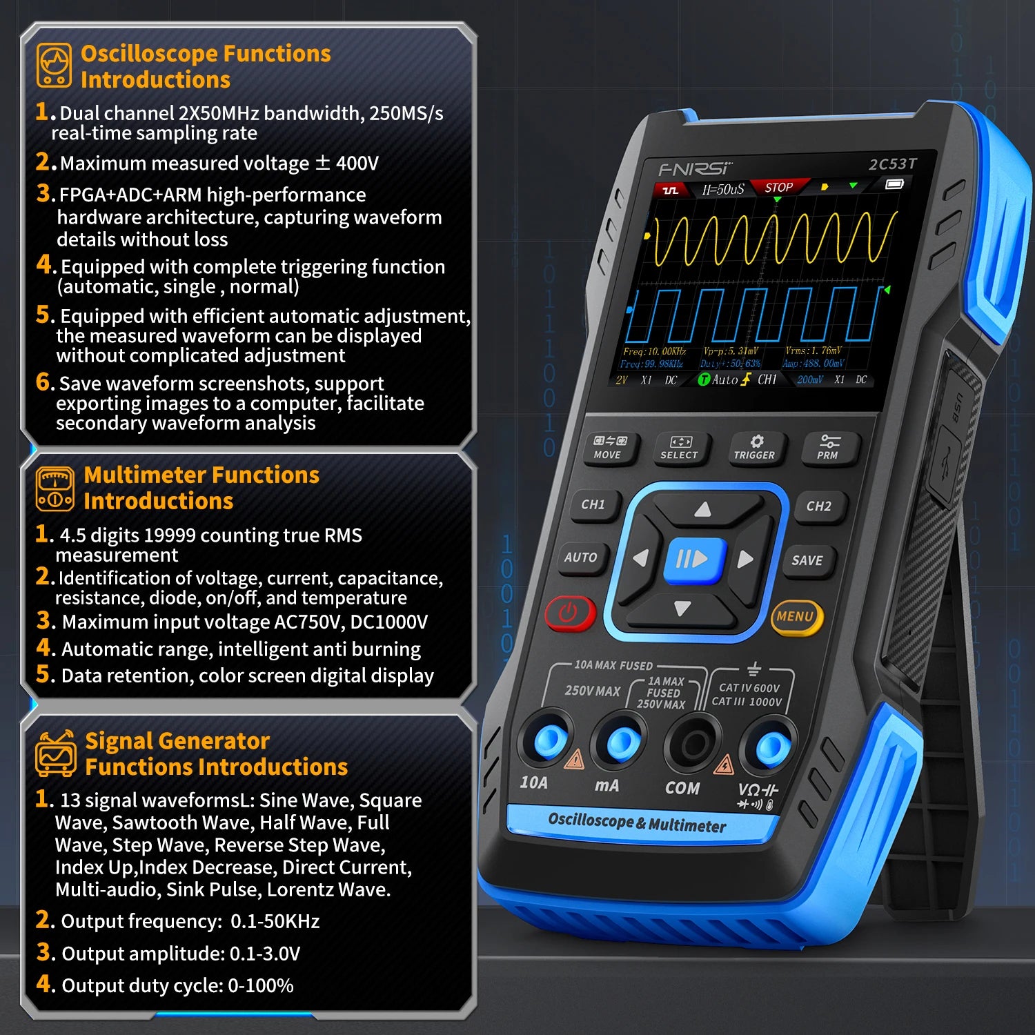FNIRSI 2C53T Upgrade 3in1 Oscilloscope Multimeter Signal Generator 50MHz Bandwidth 250MS Rate Dual Channel 20000 Counts