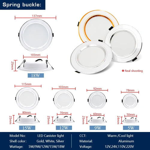 10pcs/lot Led Downlight 5W 9W 12W 15W 18W AC110V 220V Recessed Ceiling Light DC12V 24V Round Panel Down Light Spotlight Lighting