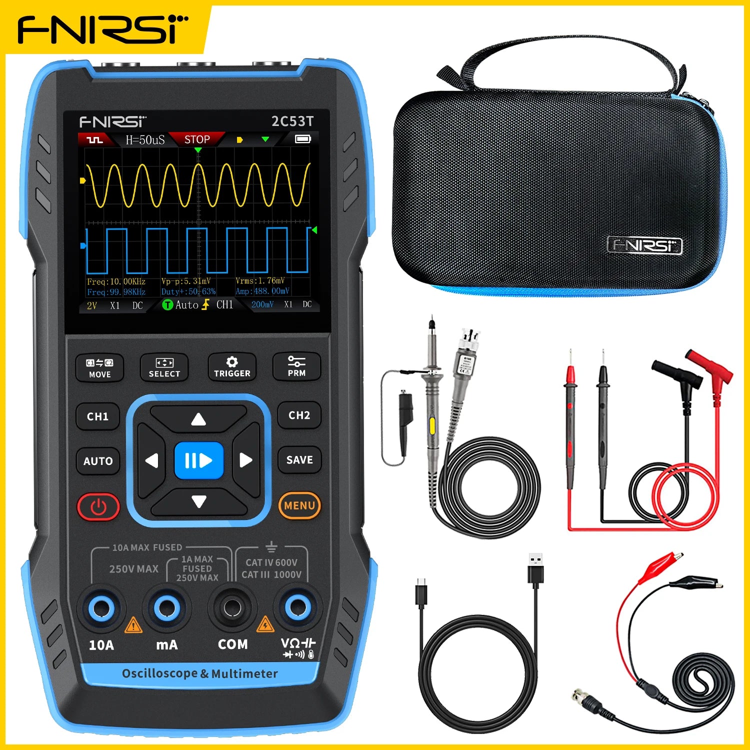 FNIRSI 2C53T Upgrade 3in1 Oscilloscope Multimeter Signal Generator 50MHz Bandwidth 250MS Rate Dual Channel 20000 Counts