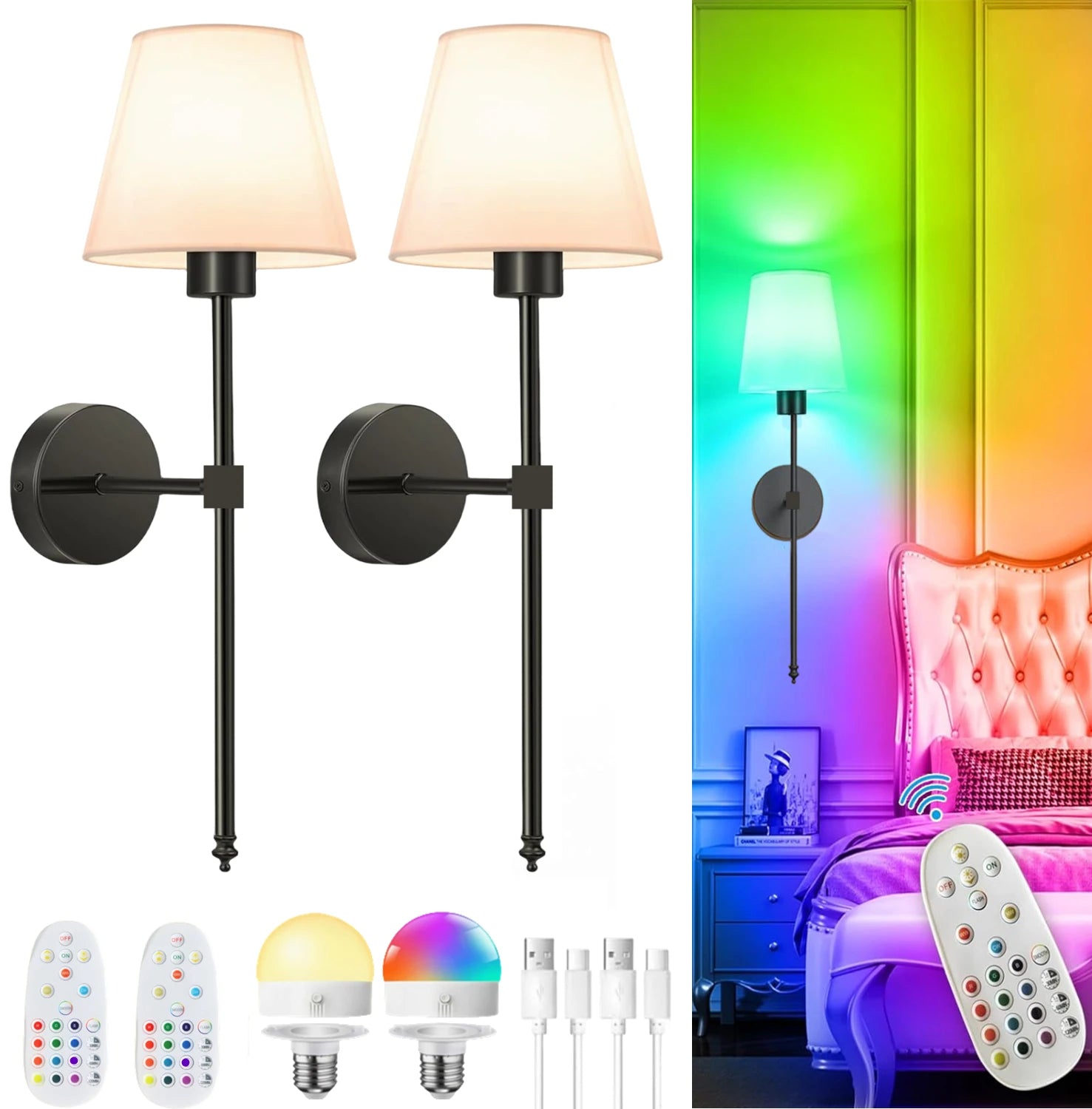Wiring-Free Rechargeable Battery-Powered Wall Lamp, Wireless Wall Lamp, Adjustable Light Bulb and Remote Control, Rechargeable 15-Color Wall Lamp for Bedroom and Living Room Corridor Decoration