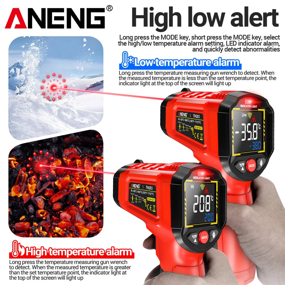 ANENG TH203 Digital Infrared Thermometer -50~600℃ Temperature Meter Non-contact Pyrometer Tester IR Hygrometer Industrial Tool