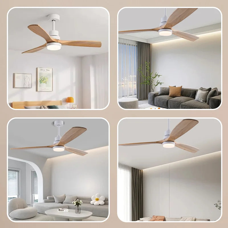Wood Solid Ceiling Fan Light LED Remote Contro Noiseless Ceiling pendant lamp djustable height lustre Chandelier room decoration