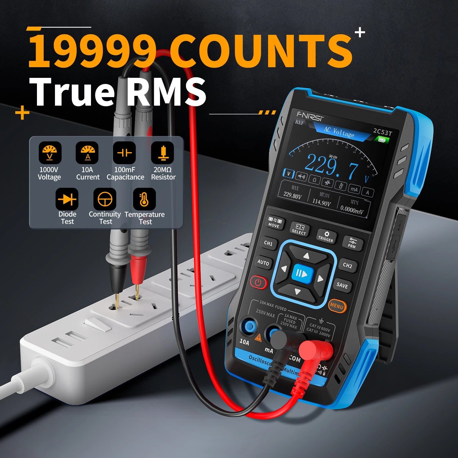 FNIRSI 2C53T Upgrade 3in1 Oscilloscope Multimeter Signal Generator 50MHz Bandwidth 250MS Rate Dual Channel 20000 Counts