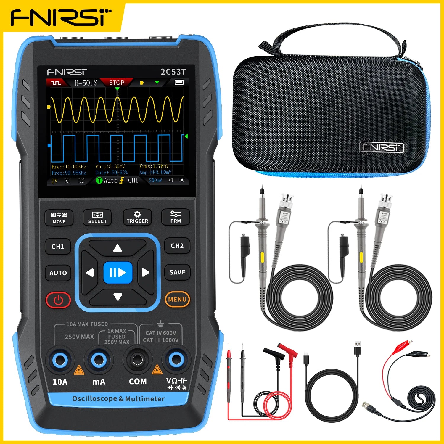 FNIRSI 2C53T Upgrade 3in1 Oscilloscope Multimeter Signal Generator 50MHz Bandwidth 250MS Rate Dual Channel 20000 Counts